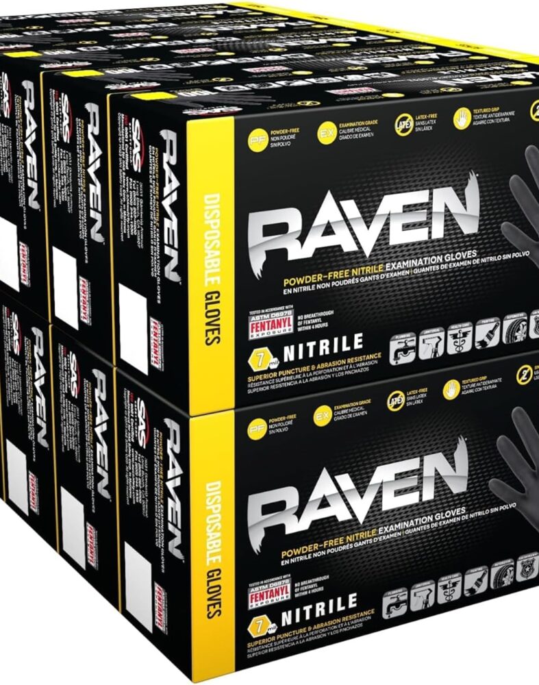 Raven Powder Free Nitrile Disposable Gloves | 7 Mil | Latex Free, Chemical + Puncture Resistant, Single Use |