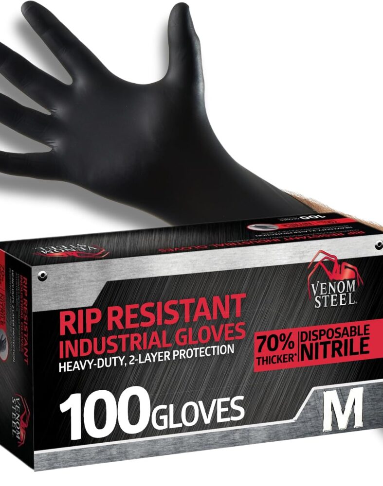 Venom Steel Industrial Nitrile Gloves, Chemical Resistant Disposable Black Gloves, Latex-Free, Powder-Free, Textured Grip, Heavy Duty Two-Layer Protection, 6 mil,Medium, 100 Count