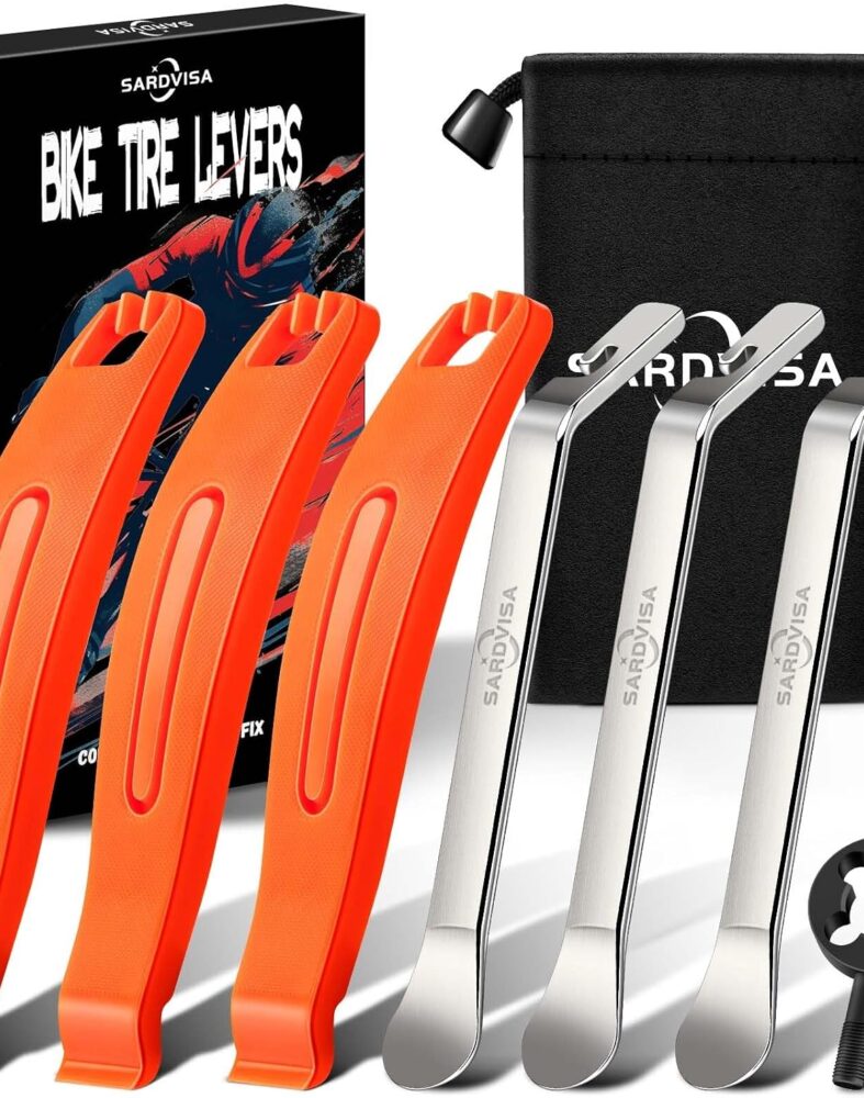 SARDVISA Bike Tire Levers, Bike Tire Tools for Road Mountain Bicycle Tire | Ultra Strong Tire Levers & Stainless Steel Tire Spoons, Great Value Bike Tire Repair Kit with Drawstring Bag & Core Wrench